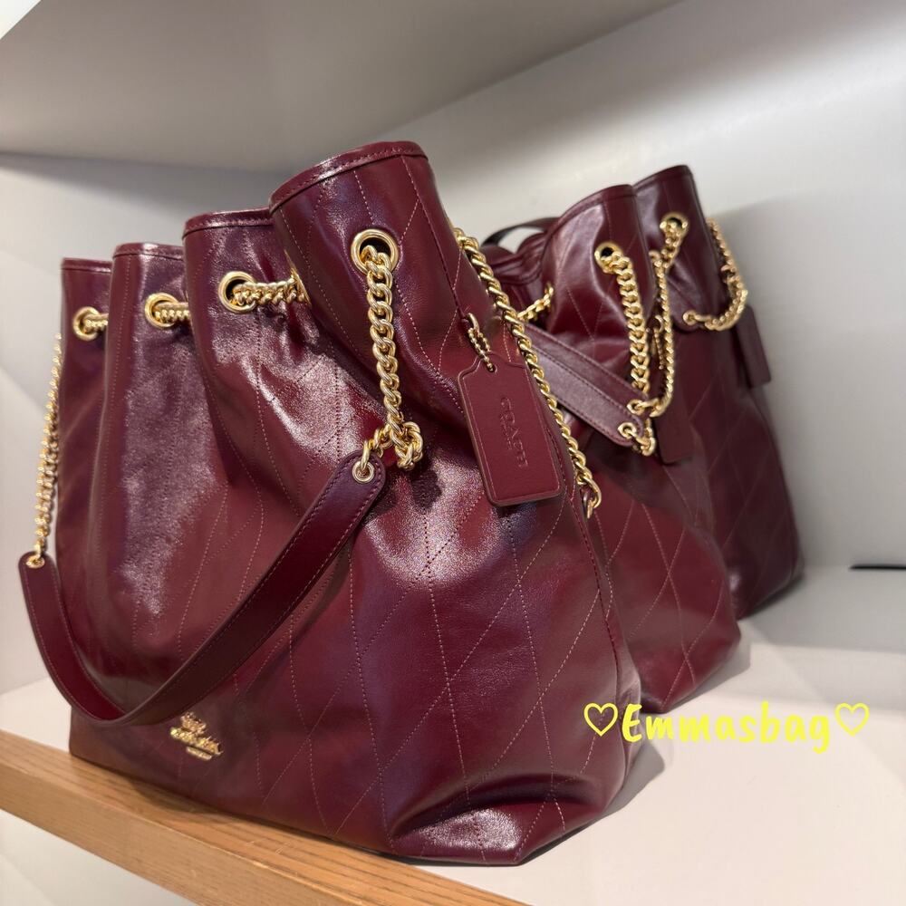 NWT Coach Evelyn Large Shoulder Bag With Quilting Leather CCZ81 Gold/Dark Wine - Picture 2 of 6